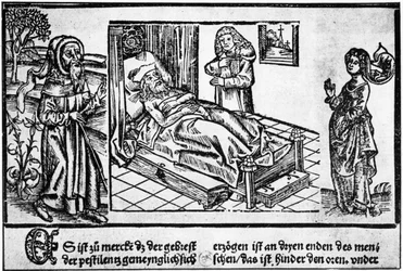 Lekarz w łóżku pestiferé, drzeworyt „Liber pestilentialis” Jérôme Brunschwiga, Strasburg
