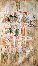 Wjazd Henryka VI z dynastii Hohenstaufów (1165-1197) do Rzymu i jego koronacja na cesarza w dniu 14/04/1191 przez papieża Celestyna III. Strona z „Liber ad honorem Augusti” Pietra da Eboli (Piotra z Eboli) - (kodeks 120, fol. 105), XIII wiek, Burgerbibli