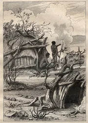 Wyprawa dookoła świata (1790-1792) kapitana Etienne Marchanda (1755-1793): tubylcze chaty z krainy Enddacht (Australia) - ilustracja zaczerpnięta z „Wielkich marynarzy XVIII wieku””