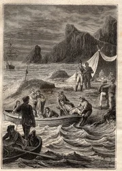 Wyprawa na ziemie południowe (1800-1803) Nicolasa Baudina (1754-1803): chorzy na szkorbut wywieziono na brzeg w Zatoce Przygód (Tasmania, Australia) - ilustracja zaczerpnięta z „Wielkich żeglarzy XVIII wieku” ”