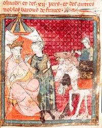 Pożegnanie rycerza Rolanda z jego wujkiem Karolem Wielkim (742-814) Miniatura z „Grandes Chronicles de France”” 1375-1379 Biblioteka Miejska, Castres