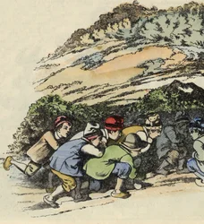 Ferry małego Pouceta chowają się w wydrążonej skale, aby uciec przed ogrem. Ilustracja do bajki „Le Pepetit Poucet” autorstwa Charlesa Perraulta