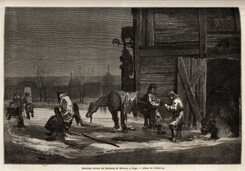 Ferrant marechal na przedmieściach Moskwy. Rysunek Henrieta, ilustrujący jego podróż do rosyjskich prowincji bałtyckich w latach 1851-54. Grawerowanie w „”Le tour du monde””, pod redakcją Edouarda Chartona