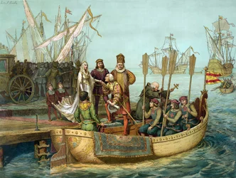 Pierwsza podróż: Krzysztof Kolumb wita królową Izabelę Kastylijską w porcie Palos przed wypłynięciem w 1492 roku. Rycina, XIX wiek