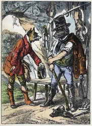 Lis i wilk. Ilustracja do bajki „Dobra mama owca”. W „Opowieściach z domu dla najmłodszych””. Anonimowy rycina z XIX wieku.