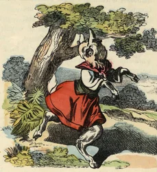 Koza, mały Chevy. Ilustracja do bajki „Bon medor i mały Chevrette””. W „Opowieściach z domu dla najmłodszych””. Anonimowy rycina z XIX wieku.