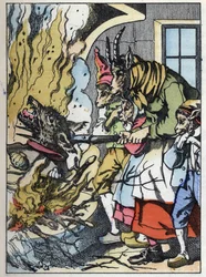Koza zabija wilka w kominie. Ilustracja do baśni „Compere le Loup, Maitre Renard, Comere la Chevre et ses petits biquets”” według bajki Jeana de la Fontaine. W „Opowieściach z domu dla najmłodszych””. Anonimowy grawer z 19t