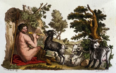 Bóg Pan. Rycina z „”Dizionario mitologico””” XIX w.