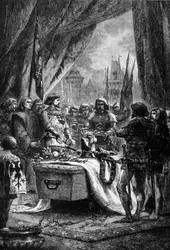 Gubernator umieścił klucze Chateauneuf de Randon na trumnie Bertranda Du Guesclina (1320 - 1380), bretońskiego wojownika i francuskiego patrioty przeciwko Anglikom. Rycina XIX wieku.