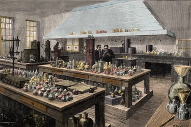 Wielkie laboratorium Louisa Pasteura (1822-1895), francuskiego chemika i biologa, w École normale supérieure - Louis Pasteur w swoim laboratorium w École normale supérieure - Rycina Meyera, 1884