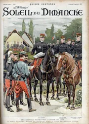 Wielkie manewry armii 1899. Generał Giovaninelli, dyrektor manewrów, krytykujący operacje wojskowe. Grawer w „”Le sun-du-dimanche””, 3 września 1899 r.