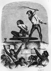 Dzwonnik Quasimodo pod pręgierzem. Ilustracja do powieści Victora Hugo „Katedra Marii Panny w Paryżu” z 1844 roku.