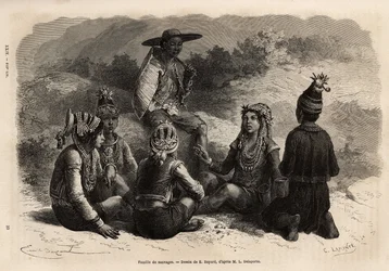 Rdzenna ludność Xieng Hong (Laos), ubrana w tradycyjne stroje, na kurtkę, ozdabia aksamitną klatkę piersiową z lamówką, spódnicę lub krótkie spodnie z czapką. Grawerowanie ilustrujące podróż eksploracyjną w Indochinach, b