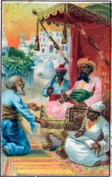 Król i Indianin. Opowieść „”Historia o zaczarowanym koniu”” w „Tysiąc i jednej nocy” (1001 nocy lub Le mille e una notte, Arabian Nights). Chromolitografia z końca XIX wieku.