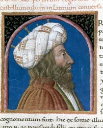 Król Persji Artakserkses III Ochos (zm. 338 p.n.e.) Miniatura zaczerpnięta z „”Paraleli wybitnych ludzi””” z Plutarcha (46-125 ne) (MS XV. 1) XV wiek. Cesena, Biblioteca Malatestiana