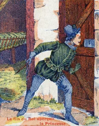 Syn króla zobaczył księżniczkę. Ilustracja do opowiadania „Skóra osła” autorstwa Charlesa Perraulta (1628-1703), francuskiego pisarza. Zdjęcia Marcel Vagne, Jarville Nancy, bez daty (koniec XIX wieku).