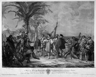 Lądowanie Krzysztofa Kolumba w San Salvador (Bahamy) w dniu 12.10.1492. Rycina XIX wieku.