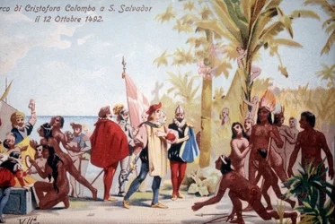 Lądowanie Krzysztofa Kolumba w San Salvador (Bahamy) w dniu 12.10.1492. chromolitografia XIX wiek.