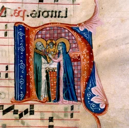 Litera „N” z przedstawieniem Ofiarowania w Świątyni: f.36v Antyfonarza