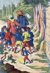 Mała saszetka sieje kamienie na swojej drodze. Ilustracja do „”Le Pepetit poucet””, opowiadania Charlesa Perraulta (1628-1703), francuskiego pisarza. Anonimowa ilustracja. Zdjęcia Marcel Vagne, Jarville Nancy, bez daty (koniec XIX wieku).