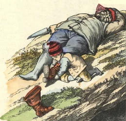 Mały pokrowiec kradnie buty z 7 miejsc śpiącemu ogra. Ilustracja do bajki „Le Petit Poucet” autorstwa Charlesa Perraulta