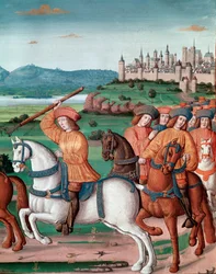 Szaleństwo Karola VI (1368-1422). 5 sierpnia 1392 r. w lesie Le Mans zaczął doświadczać napadów wściekłego szaleństwa: krzycząc o zdradę, zaatakował własną trupę i zabił cztery Miniaturowe osoby z „”Chronicles de Enguerrand de Mo