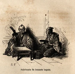 Producent kubków lakierowanych. Rycina ilustrująca podróż do Japonii w latach 1863-1864, autorstwa Aime Humberta, ministra Konfederacji Szwajcarskiej, w „Le tour du monde, nouveau journal des voyages”, wydanej pod kierunkiem Edouarda Chartona