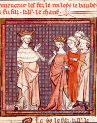 Ślub Ludwika II Begi (846-879), króla Franków i Adelajdy Friuli w 875. Miniatura z „Grandes Chronicles de France” 1375-1379 Biblioteka Miejska, Castres