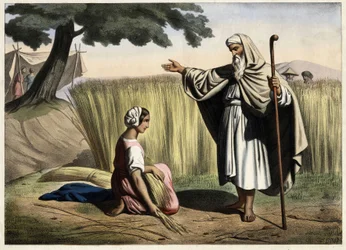 Spotkanie Rut i Boaza (Booz), dziadków króla Izraela Dawida (1000-972 pne). Anonimowy rycina z połowy XIX wieku.