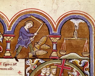 Miesiąc wrzesień, prace rolnicze, żniwa, młócenie pszenicy kwiatem Fragment strony rękopisu zaczerpniętej z „”Psałterza św. Elżbiety”” Cividale z XIII wieku, Museo Archeologico