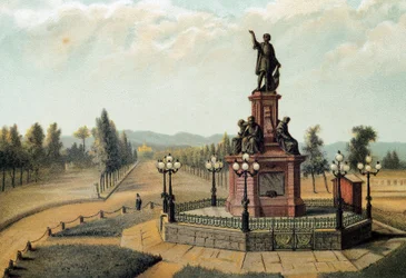„” Pomnik nawigatora Krzysztofa Kolumba (Cristoforo Colombo, Cristobal Colon) (1451-1506) na Paso de la Reforma w Meksyku, Meksyk. Chromolitografia z 1885 r.