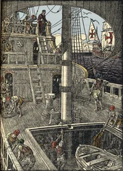 Nawigator Krzysztof Kolumb (1451-1506) na pokładzie swojej karaweli.