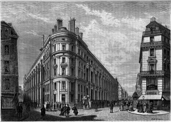 Nowy Hotel des Postes przy Rue du Louvre w Paryżu po przebudowie. Grawerowanie w czasopiśmie „”Młodzież””