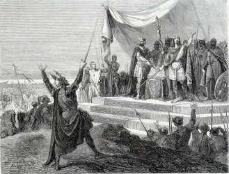 Przysięga dwóch braci przed zbroją: Karola II Łysego i Ludwika II Germańskiego składa przysięgę przeciw Lotarowi I (Przysięgi Strasburga 842). Rycina XIX wieku.