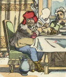Ogr przy stole wyczuwa obecność małego Pouceta i jego braci. Ilustracja do bajki „Le Pepetit Poucet” autorstwa Charlesa Perraulta