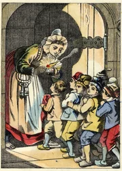 Żona ogra otwiera drzwi Małemu Poucetowi i jego braciom. Ilustracja do bajki „Le Pepetit Poucet” autorstwa Charlesa Perraulta