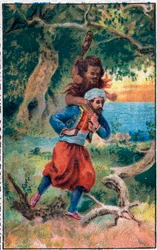 Stary człowiek morza. Cudowne przygody Sindbada (Sindbada) żeglarza. Popularna opowieść o 1001 nocach (tysiąc i jedna noc). Chromolitografia z końca XIX wieku.