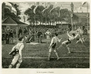 Gra w palmy ma Franekera (Holandia). Grawer ilustrujący historię La Frise, na podstawie relacji holenderskiej gazety, in le tour du monde 1886, w reżyserii Edouarda Chartona (1807-1890), Hachette, Paryż.