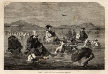 Przejazd z przewodnikiem, z przedstawieniem sposobów przewożenia pasażerów i bagażu. Grawer ilustrujący wyprawę do Japonii w latach 1863-1864 Aime Humberta, ministra Konfederacji Szwajcarskiej, w „Le tour du monde, nouveau journal des voyages””