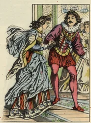 Książę zaprasza Kopciuszka do tańca. Ilustracja do bajki Charlesa Perraulta „Kopciuszek lub La petite slipper de verre”
