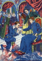 Książę próbuje pierścienia osła. Anonimowa ilustracja do opowiadania „Skóra osła” autorstwa Charlesa Perraulta (1628-1703), francuskiego pisarza. Zdjęcia Marcel Vagne, Jarville Nancy, bez daty (koniec XIX wieku).