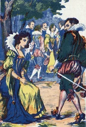 Głupota księżniczki odstraszyła dworzan. Anonimowa ilustracja do „Riquet à la houppe”, opowiadania Charlesa Perraulta (1628-1703), francuskiego pisarza. Zdjęcia Marcel Vagne, Jarville Nancy, bez daty (koniec XIX wieku).