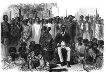Królowa Sakalave, Anarina i jej mąż pochodzenia howa, podczas wyprawy z Madagaskaru znaleźli się pod ochroną Francji. Grawerowanie w „”Le Monde Illustré””