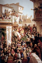 Powrót Krzysztofa Kolumba (1451-1506), nawigatora pochodzenia włoskiego, do Hiszpanii w 1493 roku.