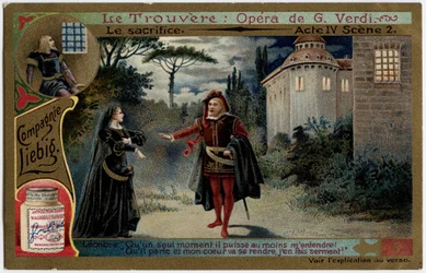 Ofiara akt IV scena 2. Ilustracja do opery „Znalezisko” (Il trovatore) Giuseppe Verdiego (1813-1901). Chromolitografia (Chromo) Liebig z końca XIX wieku.