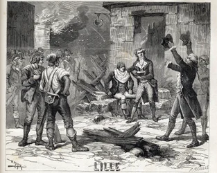 Naczynie do golenia z Lille. Odcinek z Oblężenia Lille w 1792 r. podczas francuskich wojen rewolucyjnych – Siege de Lille w 1792 r.: peruka Maes używająca roztrzaskanej bomby jako miski na brodę do ogolenia klienta –