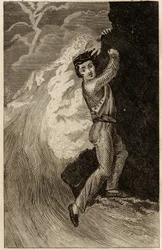 Wrak statku Robinsona Crusoe, rycina zamieszczona w „Przygodach Robinsona Crusoe” Daniela Defoe (1660-1731), wydanie la librairie d