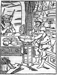 Sklep aptekarza i handlarza maściami i miksturami w XVI wieku fryzjer dba o włosy klienta - W „”Malowniczy sklep”” 1836