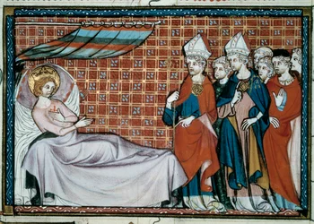 Chory król Francji Saint Louis (Ludwik IX) (1214-1270) zwraca się do swoich krewnych i duchowieństwa. Miniatura z rękopisu „Życie i cuda św. Ludwika” autorstwa Wilhelma św