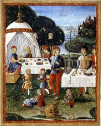 Przekąska Maksymiliana Sforzy (1490 - 1530) w parku. Miniatura z XV-wiecznego rękopisu. Mediolan, Biblioteca Trivulziana.